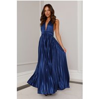 Shimmering Sea Pleated Halter Maxi Dress Navy