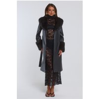The Front Row Belted Faux Leather Fur Coat Black