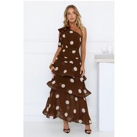 She's Trendy One Shoulder Polka Dot Maxi Dress Brown