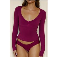 BASE Luxe Rib V Neck Button Long Sleeve Top Berry