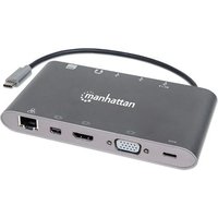 Manhattan USB-C Dock/Hub with Card Reader, Ports (x8): HDMI, Audio 3.5mm, Ethernet, Mini DisplayPort, USB-A (x3) and USB-C, With Power Delivery (60W) to USB-C Port (Note add USB-C wall charger and USB-C cable needed), All Ports can be used at the same tim