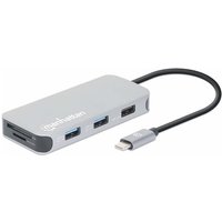 Manhattan USB-C Dock/Hub with Card Reader, Ports (x6): Ethernet, HDMI, USB-A (x3) and USB-C, With Power Delivery (100W) to USB-C Port (Note additional USB-C wall charger and USB-C cable needed), Universal for all devices, Cable 15cm, Aluminium, Silver