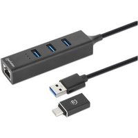 Manhattan USB-C & USB-A Combo Dock/Hub, Ports (4): Ethernet and USB-A (x3), 5 Gbps (USB 3.2 Gen1 aka USB 3.0), External Power Supply Not Needed, Universal for all devices, USB-A Male with Attachable USB-C Male Adapter, SuperSpeed USB, Black, Three Year Wa