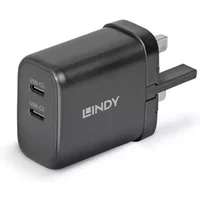 Lindy 65W USB 2 x Type C Charger, Input UK Plug, Output 2 x USB Type C Female, Black - Chargers - USB-C Chargers