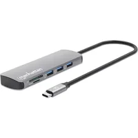 Manhattan USB-C Dock/Hub with Card Reader, Ports (x7): Ethernet, HDMI, USB-A (x3) and USB-C (x2), With Power Delivery (100W) to USB-C Port (Note additional USB-C wall charger and USB-C cable needed), USB 3.2 Gen 1, All Ports can be used at the same time,