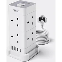 VonHaus Tower Extension Lead with USB Power Surge Protection 2M Cable White 8 x UK Mains Sockets Three-Pin 13A Plugs Arranged Vertically With 2 Sockets On Each Of The 4 Sides