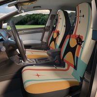 Mid Century Modern Atomic Cat Car Seat Cover Set, Geometric Teal Blue