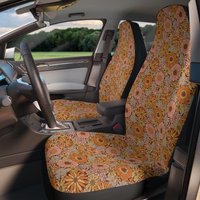 Boho Hippie Groovy Floral Car Seat Covers, Vintage Style Flowers Seat Protector