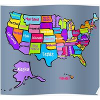 Us Map With States Names, Bright Color United States Map, Usa Premium Matte Vertical Poster
