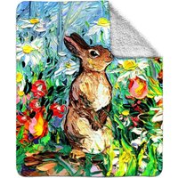 Fleece Sherpa Blanket - Bunny Rabbit In Flower Garden 60x50 Inch Comfy Warm Throw Blanket Home Goods Decor Art By Aja