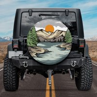 Mountain And River With Sun Spare Tire Cover