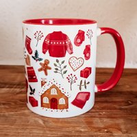 Christmas Cosy Mug, Gingerbread House, Blankets, Hot Chocolate, Red Christmas Mug
