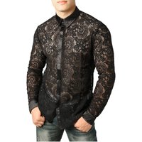 Mens Black Lace Floral Party Shirt, Mesh See Through Shirts, Clubwear Dress Shirts, Halloween Party Outfit, Gothic Top Sheer Sweatshirt