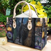 Wicca Leather Bag Black Cat Leather Handbag
