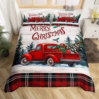 Merry Christmas Duvet Cover For Kids, Xmas Truck Gifts Snowy Pine Tree Bedding Set