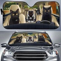 Black Cat Family Driving A Car Gift Idea Sunshade