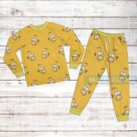 Cute Homer Simpson Pattern Raglan Pajamas Set, Cartoon The Simpson Raglan Pajamas Set