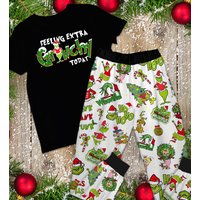 Feeling Extra Grin Christmas Pajamas Set, Funny Character Holiday Christmas Pjs