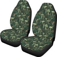 Car Seat Covers Green Mushroom Pattern Polyester Fabric Durable Black Back Car Interior Long