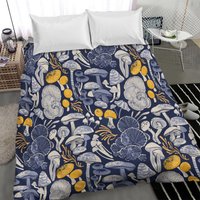 Midnight Blue Background Ivory Pale Blue And Yellow Wild Mushrooms Duvet Cover