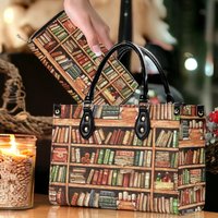 Book Spine Art Purse, Top Handles Vegan Leather Tote Purse, Academia Aesthetic