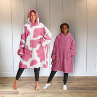 Pink Cow Print Reversible Sherpa Hooded Blanket, Hoodie Blanket