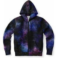 Galaxy Space Zip Up Hoodie, Purple Stars Front Universe Zipper Pocket Men Women