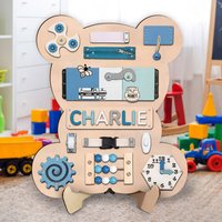 Personalized Blue Bear Busy Board For Baby Boy
