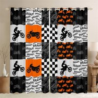 Dirt Bike Window Curtain, Racing Motorcycle Extreme Sport Black Orange Curtains