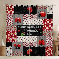 Ladybug Window Curtains, Cartoon Cute Animal Red Black Plaids Splicing Window Drapes