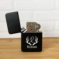 Engraved Antler Monogram Engraved Personalized Lighter, Personalized Matte Black