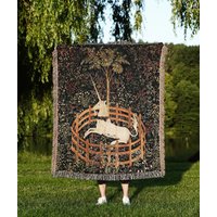 Medieval Unicorn Woven Throw, Unicorn In Captivity Tapestry, Dark Art And Corragecore Decor