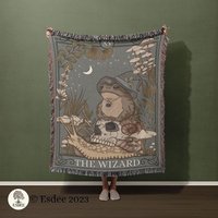 Wizard Frog Tarot Card Woven Blanket, Witchy Goblincore Throw Blanket, Cute Toad Gift