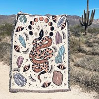 Snake Moon Phase Witchy Woven Blanket, Witchy Moon Snake Crystals Woven Throw
