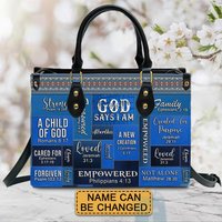 God Says I Am Leather Handbag Blue, Personalized Bags