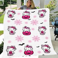 Pink Kitty Halloween Blanket, Cute Ghost Blanket