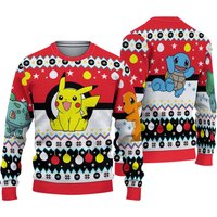 Pika Bulbasaur Charmander Squirtle Pkm Christmas Ugly Sweater, Anime Ugly Sweater