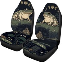 Dark Cottagecore Green Frog Car Seat Cover Set, Goblincore Moon Phase Seat Cover