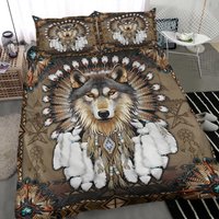 Native American Brown Pattern Bedding Set, Wolf Dreamcatcher Bedding Set