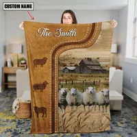 Personalized Sheep Cattle In Field Farmhouse Fleece Blanket