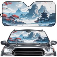 Blue Anime Japanese Valley And Temple Car Sun Shade, Japan Car Accessory