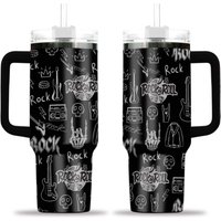 Rock N Roll Guita Laser Engraved Stainless Steel Strawberry Black Tumbler 40 Oz