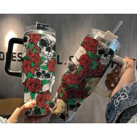 Skull And Roses Rhinestone Tumbler 40oz, Skeleton Rose Bling 40oz Cup