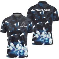 Blue Camo Bowling Men's Polo Shirt, Custom Team Name Men Bowling Polo Shirt