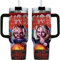 Halloween Chucky Child's Play 40oz Tumbler, Horror Characters Tumbler Cup, Chucky And Tiffany, Halloween Movie Stainless Tumbler