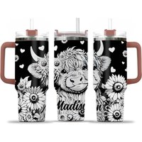 Custom Name Highland Cow Sunflower Personalized Tumbler With Straw