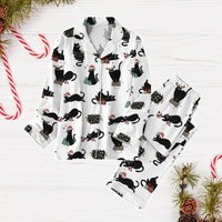 Black Cat Christmas Pajamas Set, Cute Cat Santa Hat Holiday Pajamas
