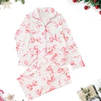 Bow Tie Christmas Pajamas Set, Coquette Pink Pajamas Set