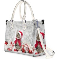 Christmas Cat Women Leather Handbag, Custom Leather Handbag