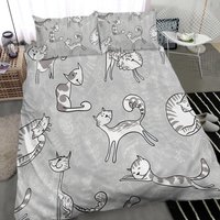 Cute Cats Floral Printed Grey Fitted Sheet Deep Pocket, Aesthetic Bedding Set Full